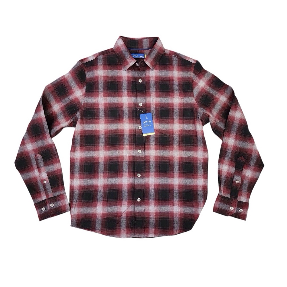 New APT. 9 Men's S Flannel Button Up Shirt - Standard Fit Premier Flex Burgundy
